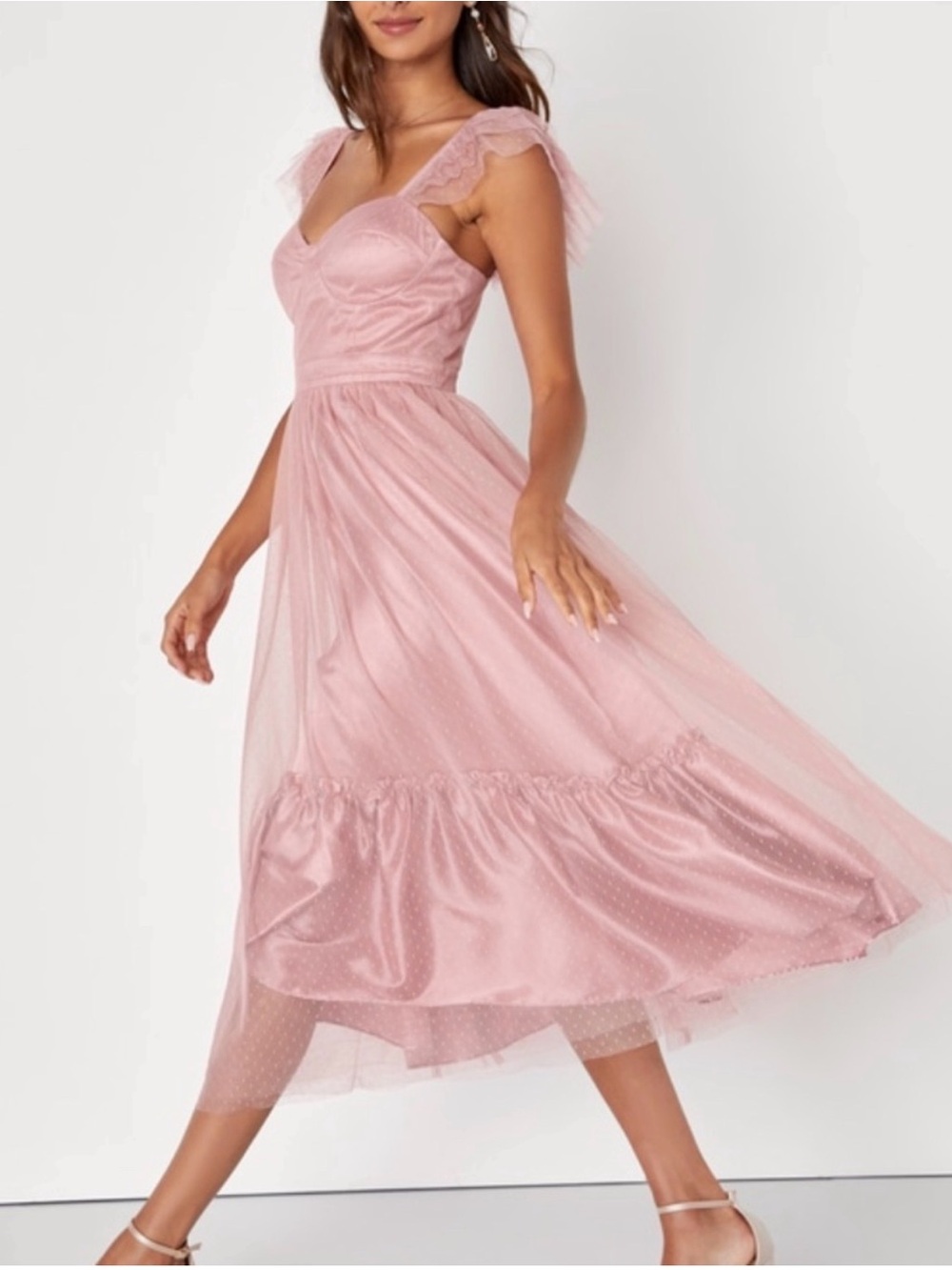 Lulus Pretty Promise Mauve Tulle Midi Dress with Sweetheart Bodice